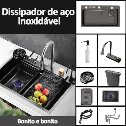 Pia De Cozinha De Aço Inoxidável com Torneira Flexível, Versátil, Preto, 75X45X20 cm